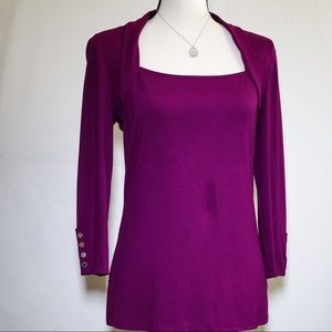 WHBM Fuschia LS Top Silver Buttons Square Neck EUC